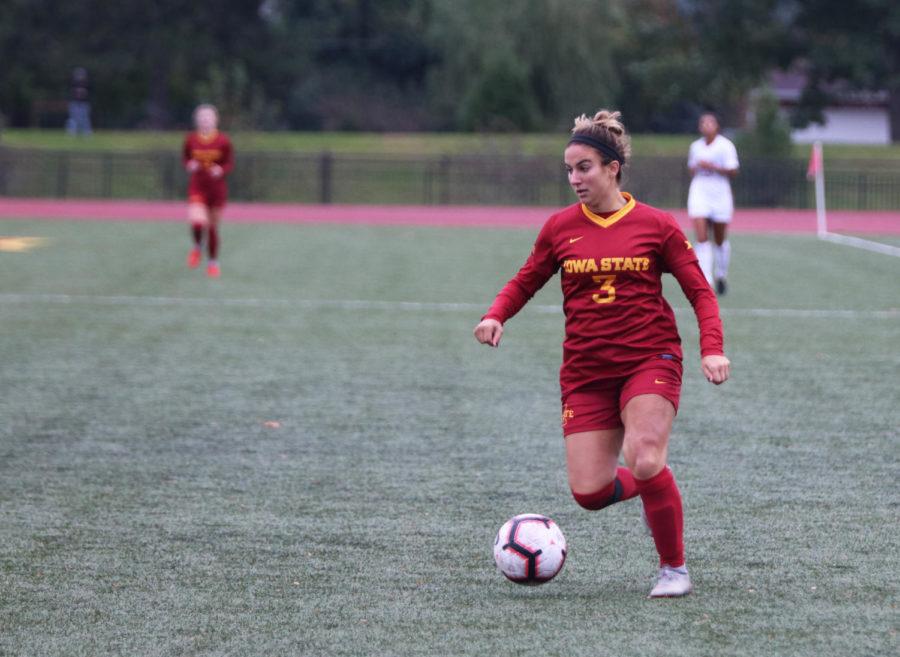 Midfielder Kara Privitera controls the ball during the game against the University of Texas Longhorns at the Cyclone Sports Complex on Oct. 5 2018. The Cyclones will go against the Texas Tech Lady Raiders and the Texas Christian Horned Frogs on October 3 and 6. 
