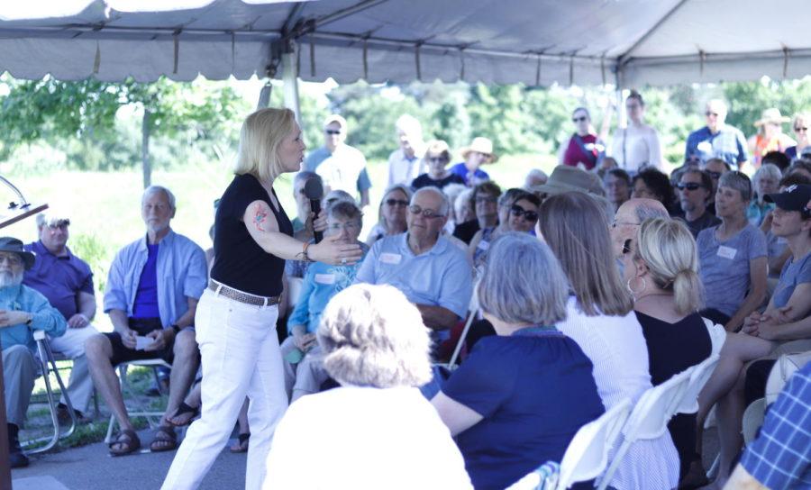 Democratic presidential candidate Sen. Kirsten Gillibrand makes a campaign pitch during the Big Tent on the Prairie event at Alluvial Brewing on June 8. 