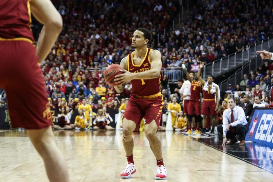 Iowa State senior Nick Weiler-Babb attempts a three-point shot during the first half against Kansas State at the Big 12 Tournament. The NCAA announced a move to international three-point distance on Wednesday.