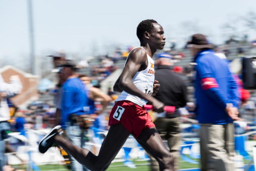 Iowa States Edwin Kurgat runs in the mens distance medley during the last day of the Drake Relays in Des Moines on April 28, 2018. Kurgat and the Cyclones finished in second place.