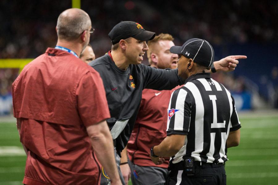 Iowa State Coach Matt Campbell yells at the ref during the first half of the Valero Alamo Bowl Game Dec 28, 2018. 