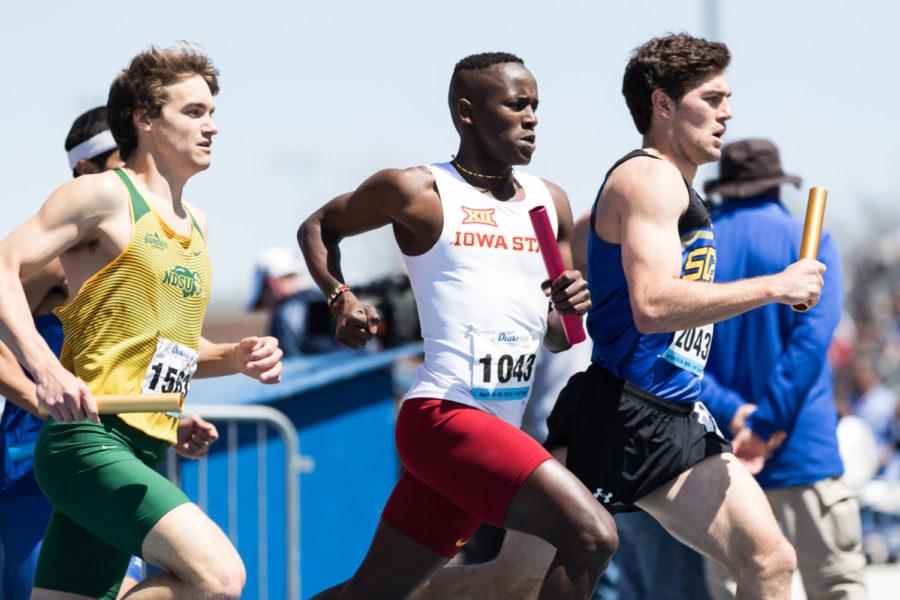 Iowa States Festus Lagat runs the first leg of the mens distance medley during the last day of the Drake Relays in Des Moines on April 28, 2018. Lagat and the Cyclones finished with a time of 9:42.95.