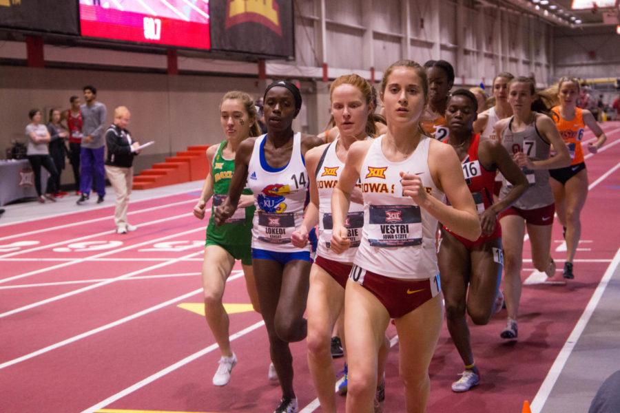 Then freshman Amanda Vestri runs in the second heat go the Womens 3000 M Final at the Big 12 Track and Field Championship at Lied Rec. Center on Feb. 24, 2018. Vestri finished the NCAA Championships in 14th place which earned her Second Team All-American status.