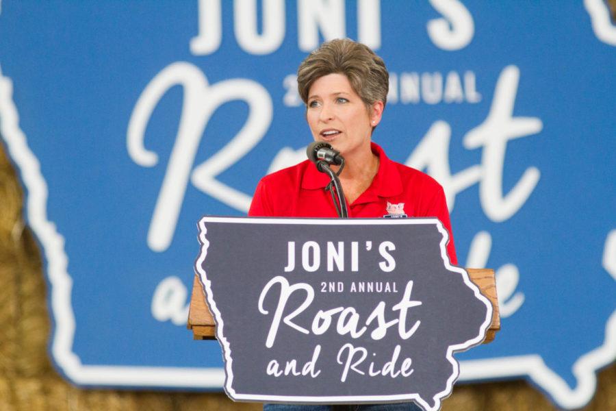 Senator Joni Ernst speaks to a crowd of supporters at the Iowa State Fairgrounds as part of her second annual Roast and Ride. Ernst announced her re-election campaign at her fifth Roast and Ride on Saturday.