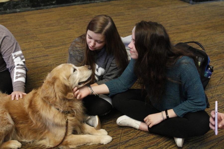 Jessica Zacher, sophomore in psychology and Kara Fenske, freshman in animal science, pet golden retriever Kinsey at Barks at Parks in Parks Library on April 29. 