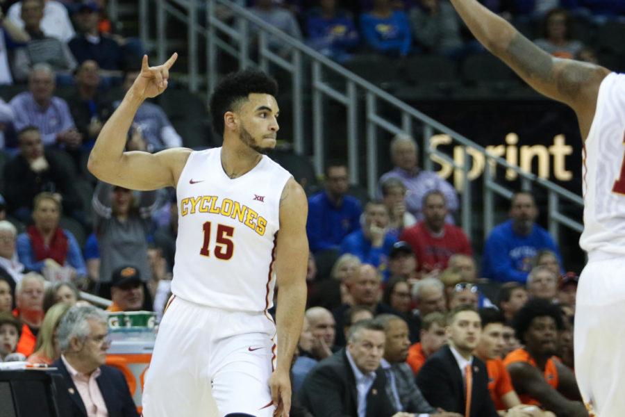 Iowa State senior Nazareth Mitrou-Long celebrates a three-pointer during the Cyclones game against Oklahoma State in the first round of the Big 12 Championships at the Sprint Center in Kansas City, Missouri March 9.