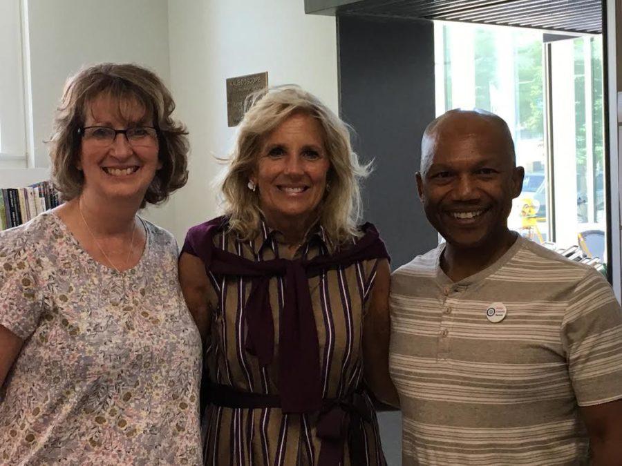 Story County Supervisor Lisa Heddens, Former Second Lady of the United States Jill Biden and Iowa House District 46 Democratic nominee Ross Wilburn pose for a photo before Biden held a campaign event Saturday at the Ames Public Library