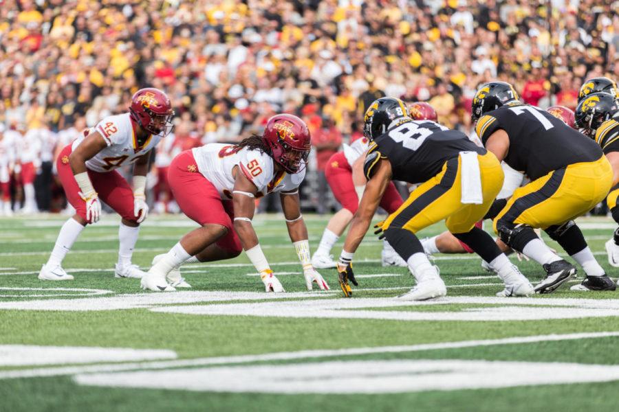 Members of the Iowa State Football team set up at the line during the Iowa Corn Cy-Hawk Series game Sept. 08. The Hawkeyes defeated the Cyclones 13-3.