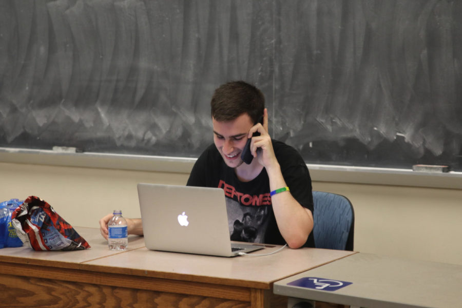 Nick Leidahl works out of a classroom in Carver Hall making cold calls for the Bernie Sanders Campaign. 