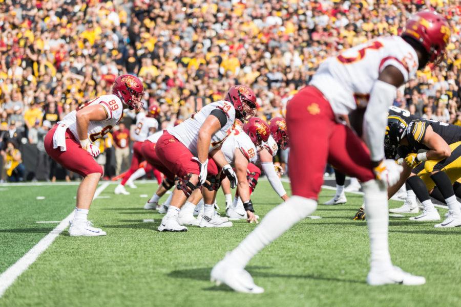 Members of the Iowa State Football team set up at the line during the Iowa Corn Cy-Hawk Series game Sept. 08. The Hawkeyes defeated the Cyclones 13-3.
