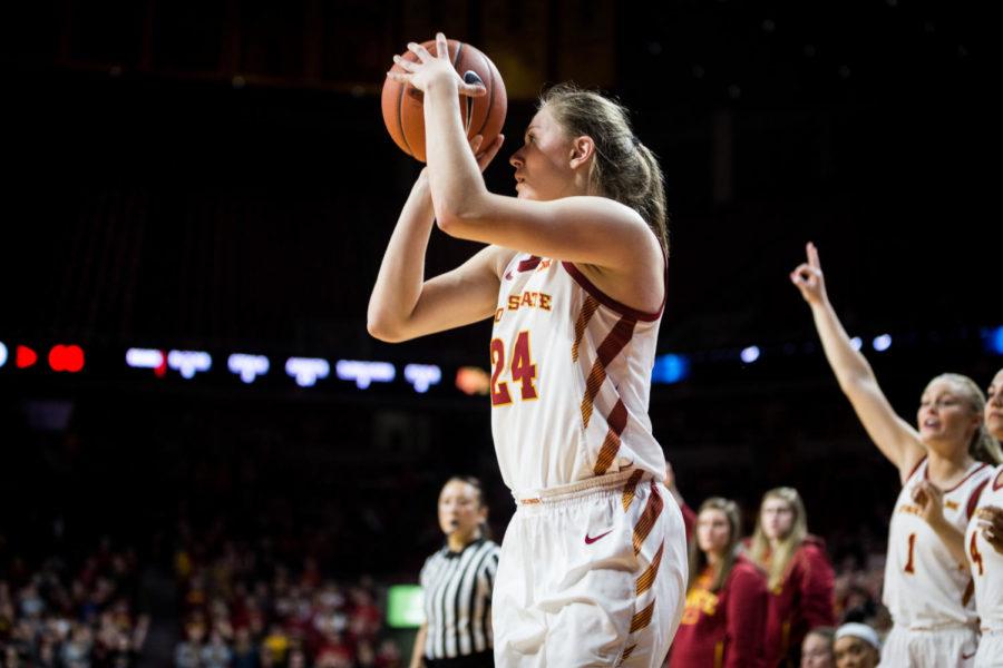 Iowa State guard Ashley Joens shoots a three during the fourth quarter of the Iowa State vs Baylor women’s basketball game Feb. 23, 2019 in Hilton Coliseum. The Lady Bears defeated the Cyclones 60-73 despite a surge from Iowa State in the second half.