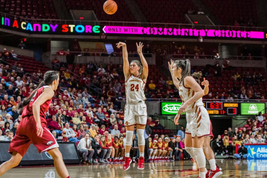 Iowa State freshman Ashley Joens shoots a 3-pointer during the Cyclone versus Razorback game on Dec. 2, 2018 at Hilton Coliseum. Joens and the U.S. team at the U19 FIBA World Cup won their group and now enter tournament play.