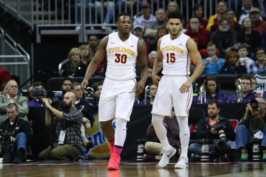Iowa State seniors Deonte Burton (30) and Nazareth Mitrou-Long (15) contributed 22 and 11 points respectively, in the Cyclones 84-63 win over TCU at the Big 12 Championship in Kansas City March 10, 2017