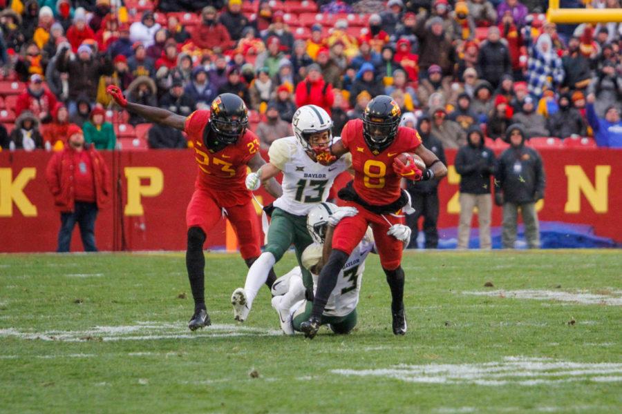 Wide receiver Deshaunte Jones runs the ball from the Baylor Bears during the game against Baylor on Nov. 10 at Jack Trice Stadium. The Cyclones beat the Bears 28-14.