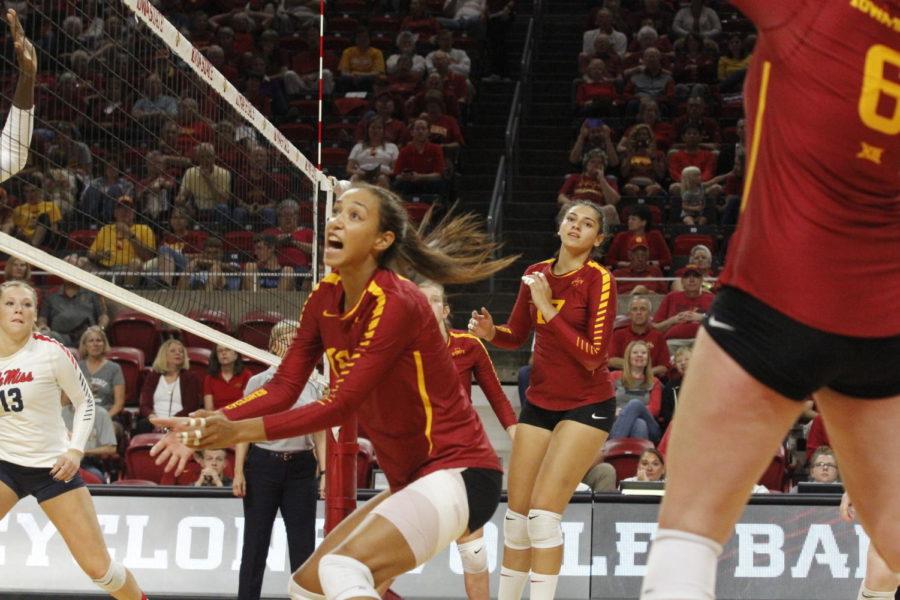 Avery Rhodes, middle blocker, attempts to hit the ball towards Ole Miss during their Aug. 24, 2018 game in Hilton Coliseum. Cyclones won 3-0.