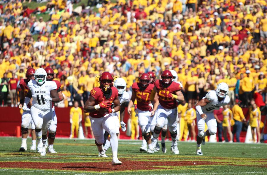 Running back, Sheldon Croney Jr., runs the ball down the field during the football game against University of Akron at Jack Trice Stadium on Sept. 22. The Cyclones won 26-13.