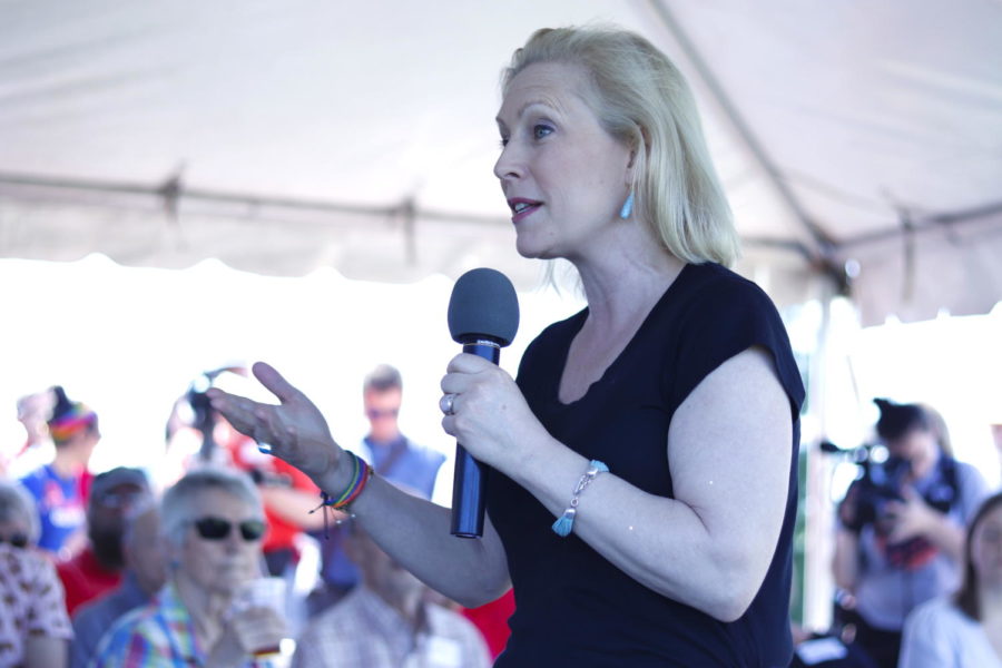 Former democratic presidential candidate Sen. Kirsten Gillibrand makes a campaign pitch during the Big Tent on the Prairie event June 8 at Alluvial Brewing. 