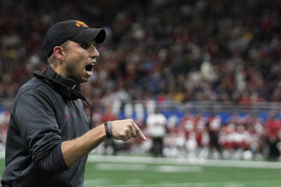 Coach Matt Campbell argues with a ref after a play at the Alamo Bowl game Dec. 28. Campbells staff secured the commitment from six mid-summer recruits, including quarterback Hunter Dekkers.