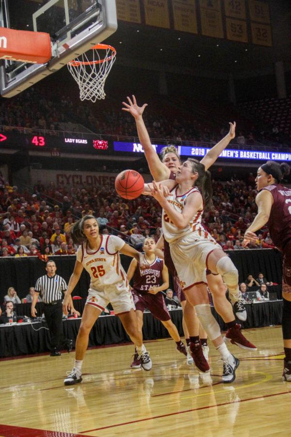Senior Bridget Carleton goes in for a layup during the game against the Missouri State in the second round of the NCAA Championship on March 25 at Hilton Coliseum. The Cyclones lost to the Bears 69-60.