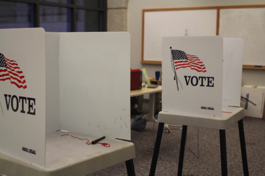 Voting booths for Ames City Council voting stand empty on Nov. 3, 2015, in Maple resident hall. There was a minimal student voter turn out.