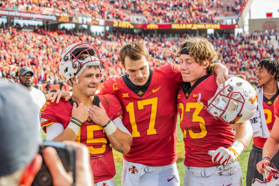 Brock Purdy, Kyle Kempt and Mike Rose celebrate after winning the 2018 Homecoming game against Texas Tech on Oct. 27, 2018. The Cyclones won 40-31.