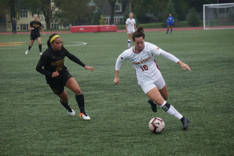 Senior Brooke Tasker races the ball down the field during the Iowa State verses Baylor soccer game on October 7th. The cyclones were defeated 2-1 by the bears.