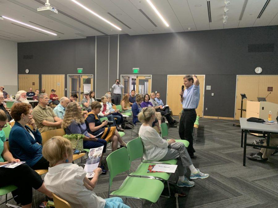 Presidential candidate and former Rep. Joe Sestak speaks to Story County Democrats in their monthly meeting July 25 at the Ames Public Library. He discussed his career in the navy and the challenges his campaign faces, having entered the race later than most democrats.