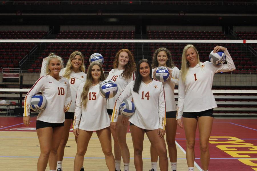 Iowa State has seven freshmen on roster for the 2019 season. They are: Kate Shannon (front far left), Abriana Lemke (front middle), Jaiden Centeno (front right), Kenzie Mantz (back right), Annie Hatch (back middle right), Abby Greiman (back middle left) and Michal Schuler (back left). With only four upperclassmen on roster, Iowa States freshmen could carve out a role on the team early in the season.