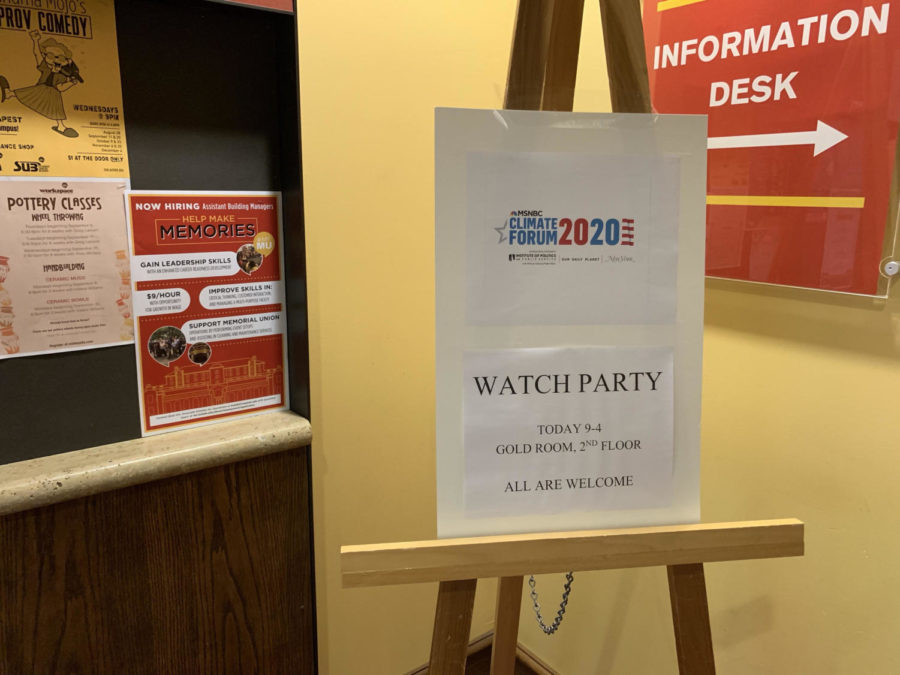 A watch party was hosted Sept. 19 in the Gold Room of the Memorial Union for an MSNBC presidential climate change forum.