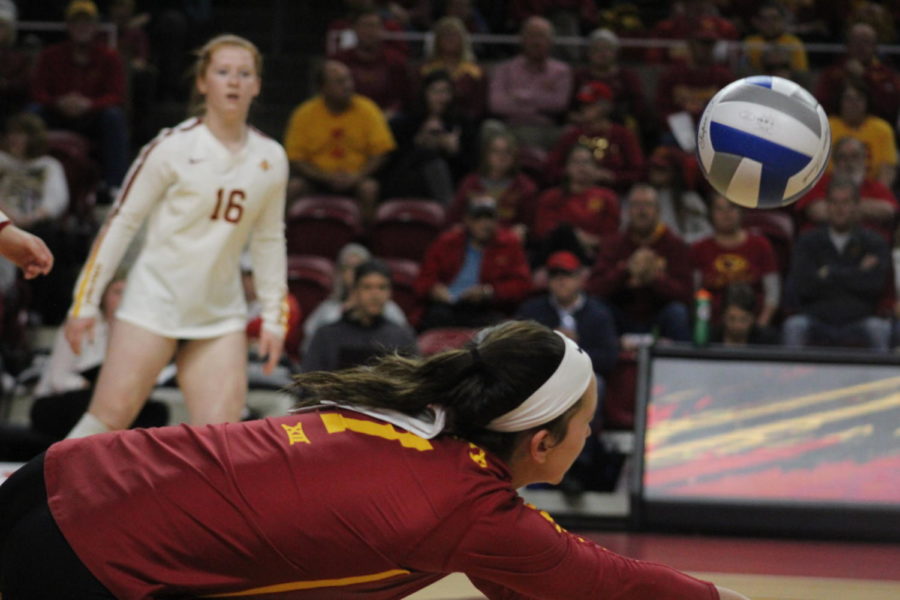 Sophomore libero Izzy Enna goes in for a dig at the Iowa State vs. Texas volleyball game Oct. 24 at Hilton Coliseum. The Cyclones fell to the Longhorns in three sets.