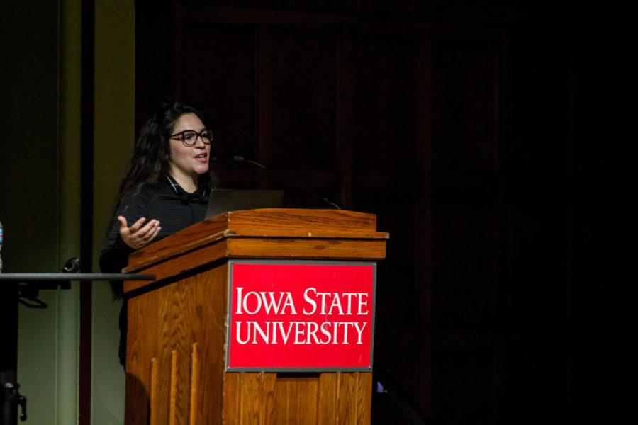 Cati De los Ríos talks to students about literacy in climates of xenophobia, in the Great Hall on Sept. 17.