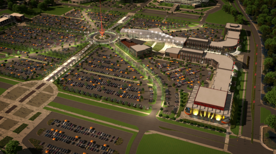 A rendering of Iowa State athletics proposed multi-use development district at night. 