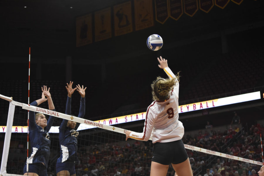 Freshman+outside+hitter+Annie+Hatch+hits+the+ball+Sept.+6%C2%A0at+the+game+against+Penn+State.+Penn+State+won+3-0.