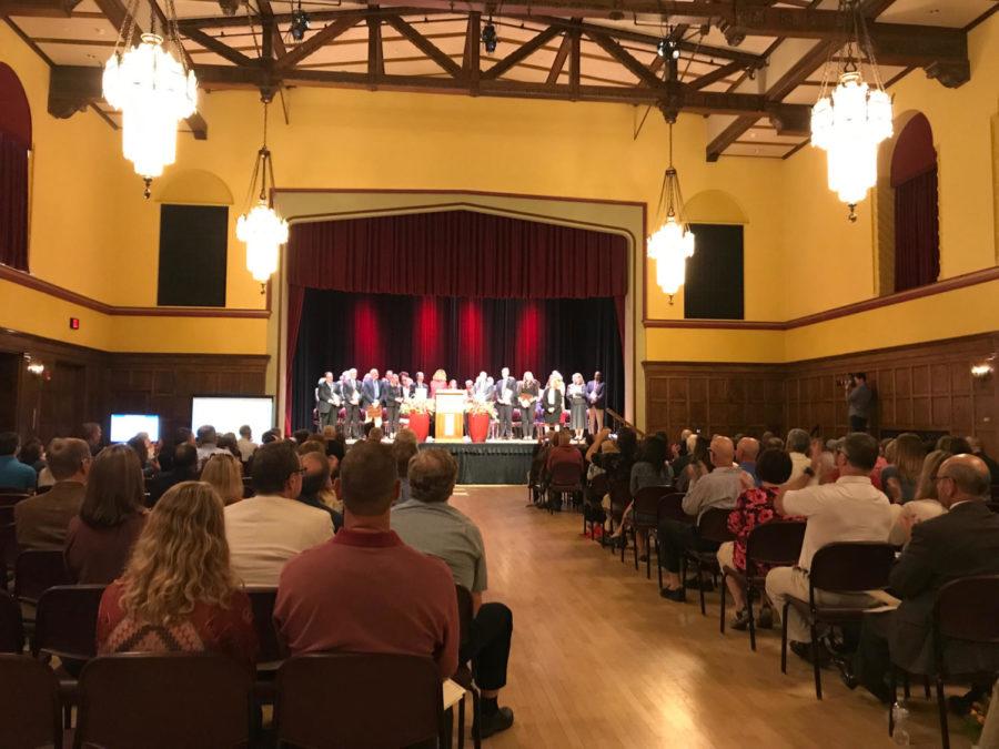 The faculty and staff recipients of awards onstage during the 2019 Iowa State University Faculty and Staff Awards Ceremony.