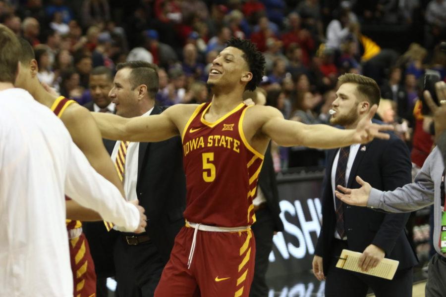 Iowa State sophomore Lindell Wigginton celebrates after the Cyclones 63-59 win over top-seeded Kansas State in the Big 12 Tournament.