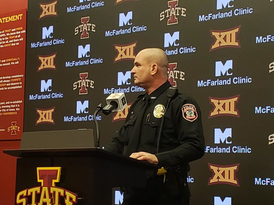 Iowa State Police Chief Michael Newton takes questions at a press conference on 9/24/19 regarding the controversy surrounding the Iowa University Marching Band after the 2019 Iowa Corn CyHawk football game.