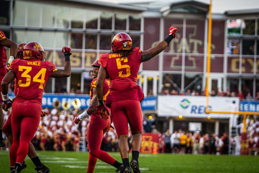 Iowa State celebrates after a turnover during the Iowa vs. Iowa State football game Sept. 14, 2019. 