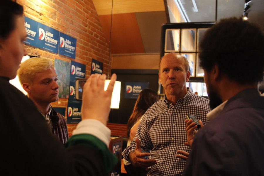Democratic presidential candidate John Delaney talks to reporters on May 23 at the Ames coffee shop Cafe Diem. He talked about fixing key issues such as climate change, relations with China, womens rights and immigration.  