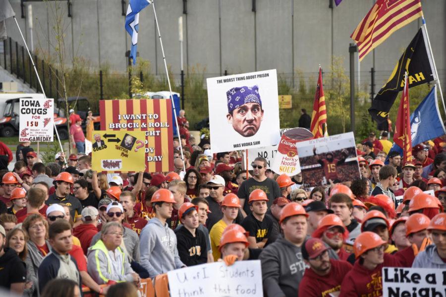 Students and other fans made a huge turnout for ESPN College GameDay on Saturday Sept. 14 at Iowa State. Many different Iowa and Iowa State signs were scattered throughout the audience. 