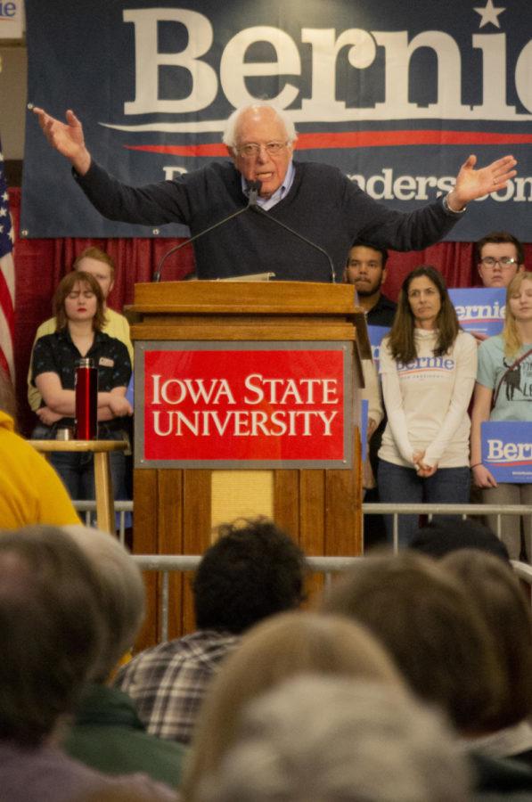 Bernie Sanders talks about his campaign for presidency, which includes his desire to change the economy, in the Sun Room of the Memorial Union. “When we talk about wages, we are going to end this nonsense that women make 80 cents on the dollar compared to men," Sanders said. Sanders visited Ames on May 4 to talk about his campaign for presidency and his slogan “Not me. Us.” He will also stop by Perry, Fort Dodge and Sioux City.