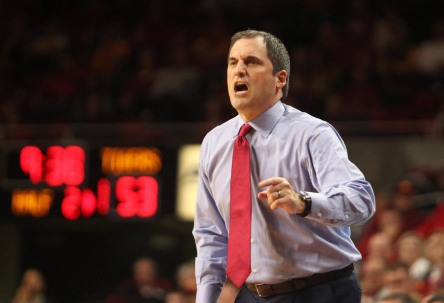 Iowa State men’s basketball coach Steve Prohm calls out to his team during the game against Texas Southern at Hilton Coliseum on Nov. 12. The Cyclones won 85-73.