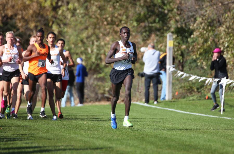 Iowa State distance runner Edwin Kurgat races against eight other universities during the men’s 8K at the 2018 Big 12 Cross Country Championships on Oct. 26, 2018, at Iowa State. Kurgat placed first overall for the men’s division with a time of 23:21.1. The men’s team placed first overall with a score of 32, winning the championships.