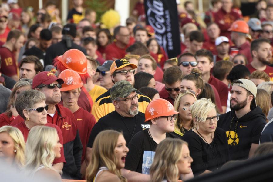 Students and other fans made a huge turnout for ESPN College GameDay on Saturday Sept. 14, 2019 at Iowa State. Many different Iowa and Iowa State signs were scattered throughout the audience. 
