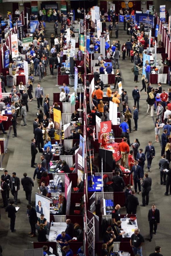 Hundreds of students gather for the Iowa State Business, Industry and Technology Career Fair, looking to talk to future employers. The fair took place from noon to 6 p.m. February 8, 2017, in Hilton Coliseum.