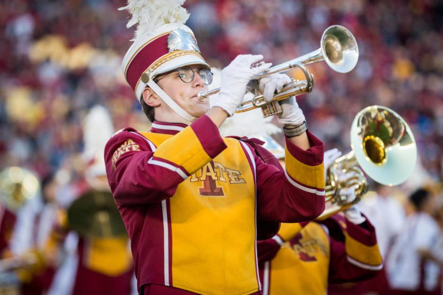 Members of the Iowa State Marching Band before the start of the Iowa State vs West Virginia football game Oct. 13.