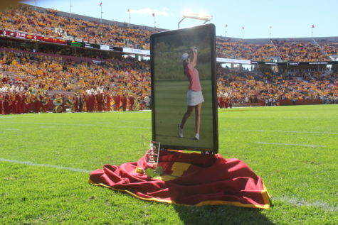 Before the football game against University of Akron on Sept. 22, 2019, a video tribute was shown honoring Celia Barquín Arozamena. Members of the audience participated in a moment of silence to remember the Cyclone gold athlete at Jack Trice Stadium. The crowd was filled with yellow, as that was Barquin Arozamena’s favorite color.