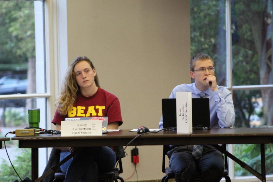 Speaker Kelsey Culbertson and Vice Speaker Jacob Schrader listen to open forum speakers Sept. 11 during a Student Government meeting.