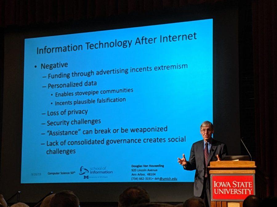 Douglas Van Houweling, professor emeritus in the School of Information from the University of Michigan, discussing his journey in the computer science field for the 50th anniversary of computer science at Iowa State on Sept. 26.