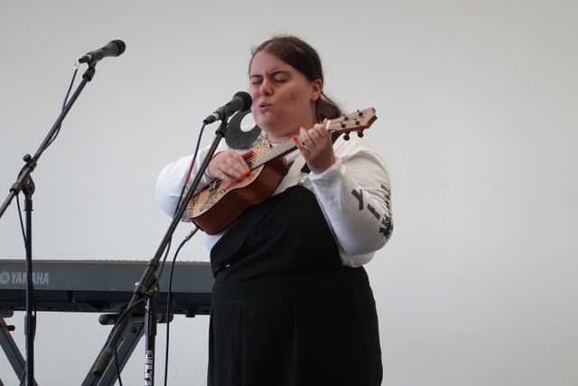 Teri Underhill sings original songs at the Ames Public Library. Not only did she preform on the ukulele with songs like “Magic Man,” but she also impressed the audience with her a cappella song called, “ENOUGH.”