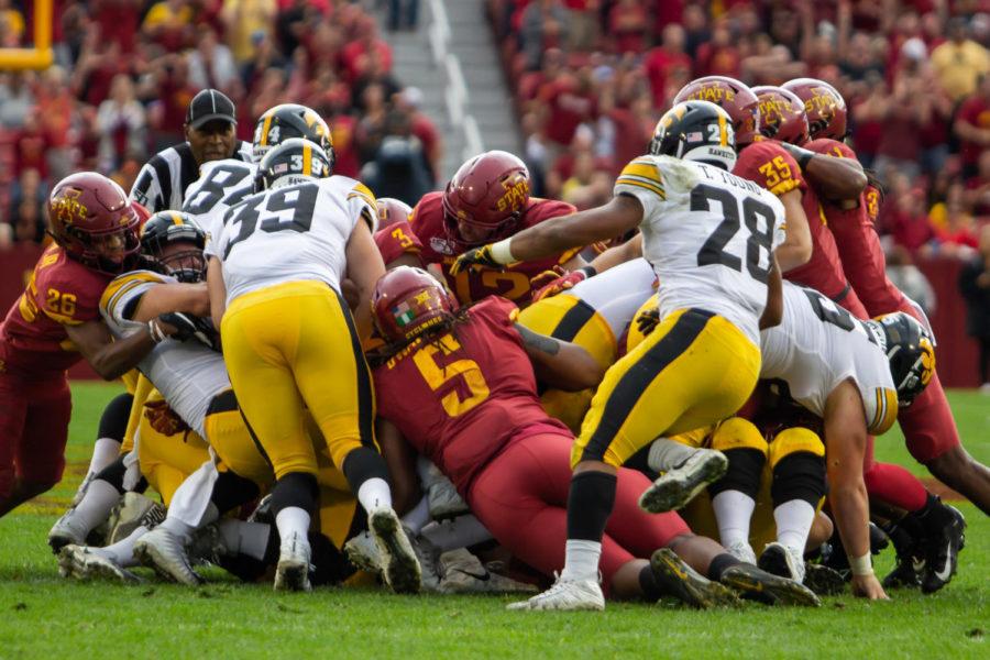 Large pileup recovering a live ball during the Iowa vs. Iowa State football game on Sept. 14.